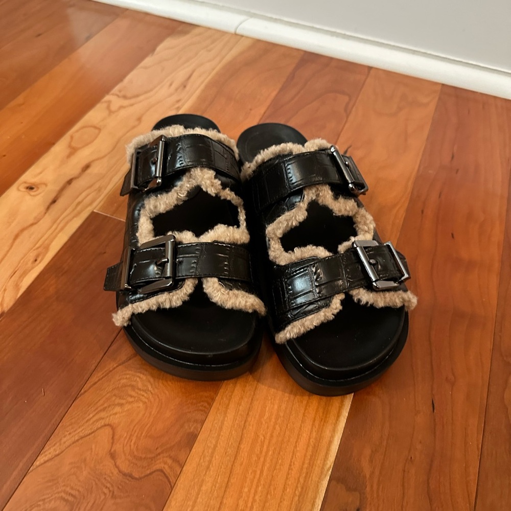 Black Fuzzy Slide Sandals